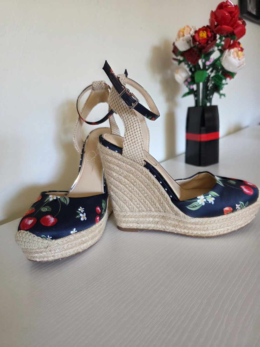 Jessica Simpson Navy Floral Cherry Espadrille Wedge Sandals